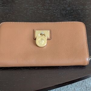 Michael Kors Tan Leather Zip Wallet with Gold MK Disc